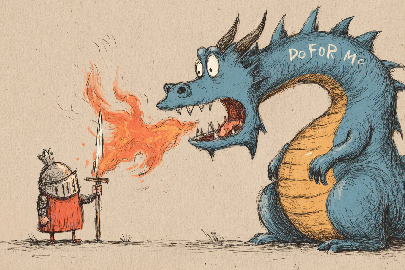 A knight faces down the dragon of the temptation to do it for me